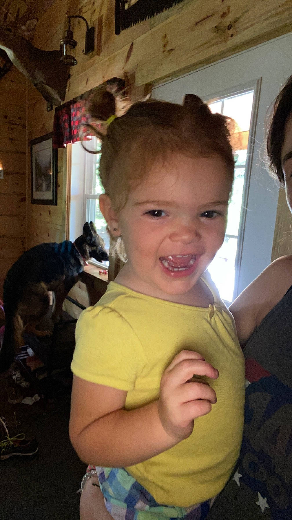 Briar is registered to the contest to win money with this photo: abdomen, baby, carnivore, chest, child, companion_dog, dog, dog_breed, ear, event, fun, gesture, happy, iris, person, picture_frame, sitting, smile, t_shirt, toddler