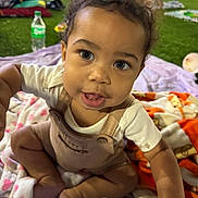 Zyaire is registered to the contest to win money with this photo: baby, child, grass, blanket, outdoor, person, curious, face, eyes, clothing, sitting, colorful, people, background, soft_lighting, infant, cute, expression, closeup, playful