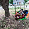 baby, child, swing, tree, person, backyard, grass, fence, house, car, outdoor, play, smile, clothing, red, green, nature, daylight, fun, relax