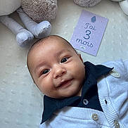 Izâak participe au concours pour gagner de l'argent avec cette photo : baby, blanket, blue, buttoned_clothing, cardigan, child, collared_shirt, cute, face, happy, indoors, infant, lying_down, milestone_card, plush_toys, portrait, smiling, soft_toys, text, white