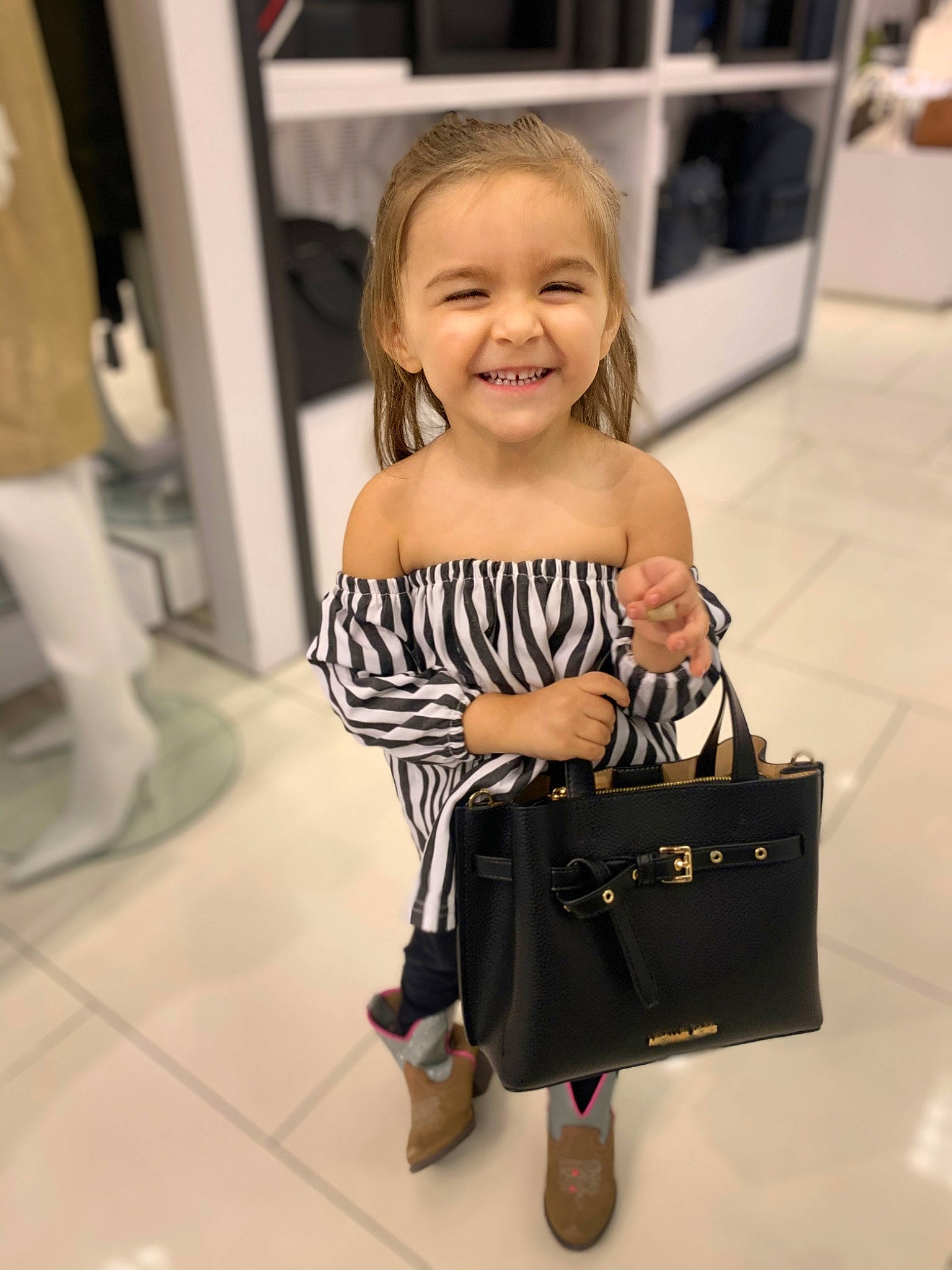 Madyson joined the competition — help win amazing prizes! bag, child, event, fashion_design, flooring, formal_wear, happy, human_leg, joy, luggage_and_bags, pattern, person, shoe, shoulder, sleeve, smile, street_fashion, style, toddler, trunk
