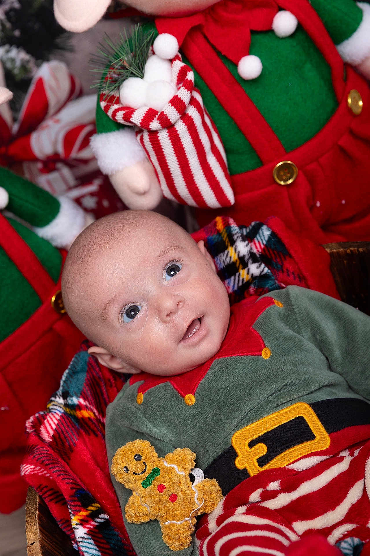 Arthur participe au concours pour gagner de l'argent avec cette photo : baby, blanket, child, christmas, cozy, cute, decorations, festive, gingerbread_man, happy, holiday_clothing, indoor, infant, plush_toy, portrait, red_and_green, seasonal, sitting, smiling, striped_pants