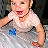 baby, bed, child, clothing, crawling, cute, expression, eyes, face, hands, happy, head, human, indoor, infant, pacifier, person, skin, smiling, young_child