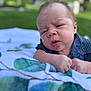 baby, infant, blanket, outdoor, grass, face, expression, polka_dot, shirt, skin, head, hands, lying_down, closeup, nature, green, young_child, portrait, person, toddler