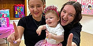 Azelia Lynn is registered to the contest to win money with this photo: child, birthday, party, celebration, girl, tutu, tiara, smile, happy, indoor, gift, banner, jeans, black_shirt, pink_socks, friends, family, fun, pointing, young