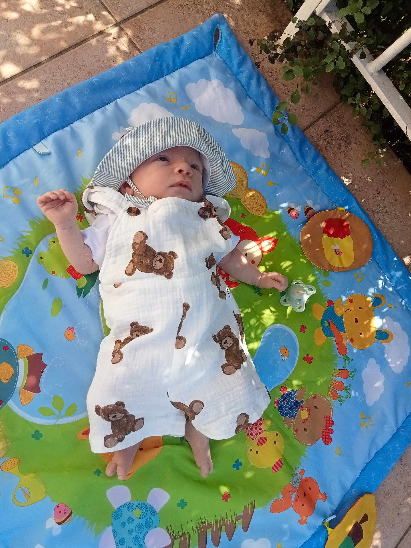 Naël participe au concours pour gagner de l'argent avec cette photo : baby, infant, hat, overalls, bear_print, play_mat, outdoor, sunlight, shade, cartoon_animals, grass, leaves, colorful, child, cute, baby_clothes, relaxing, small, person, nature