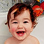 baby, bath, bathtub, child, closeup, curly_hair, cute, expression, face, fun, happy, indoors, joy, playful, skin, smiling, teeth, toddler, toy, water