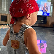 Ghjulia a rejoint le concours — aidez-le/la à gagner de superbes lots ! back_view, blurred_background, casual_wear, child, clothing, denim_overalls, floor, headwear, indoor, modern_interior, news_broadcast, person, red_bandana, reflection, shoulder, skin, standing, television, toddler, young_child