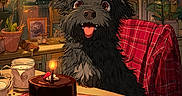 Mambo participe au concours pour gagner de l'argent avec cette photo : animated, book, cake, candle, celebration, chocolate_cake, cozy, cup, dog, fur, happy, indoor, lamp, plant, plate, red_blanket, table, tongue_out, warm_lighting, window