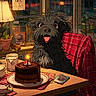 animated, book, cake, candle, celebration, chocolate_cake, cozy, cup, dog, fur, happy, indoor, lamp, plant, plate, red_blanket, table, tongue_out, warm_lighting, window