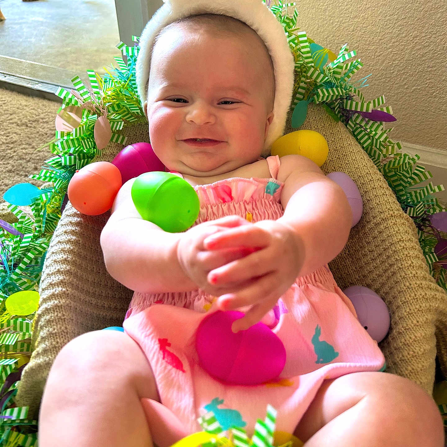 Haisleigh joined the competition — help win amazing prizes! animal, baby, canine, chair, clothing, cushion, dog, face, furniture, happy, hat, head, homedecor, newborn, person, pet, photography, portrait, smile, summer
