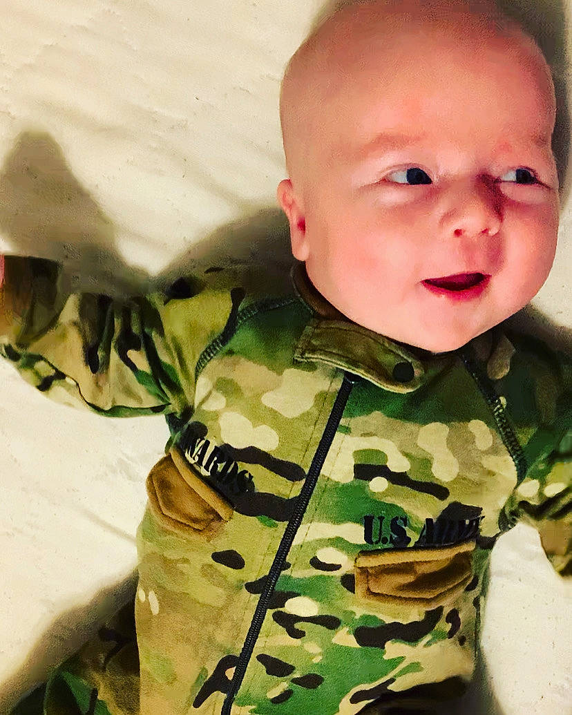 Tripp joined the competition — help win amazing prizes! baby, baby_toddler_clothing, camouflage, child, clothing, collar, military, military_camouflage, military_organization, military_person, military_uniform, pattern, person, shirt, sleeve, smile, soldier, toddler, uniform