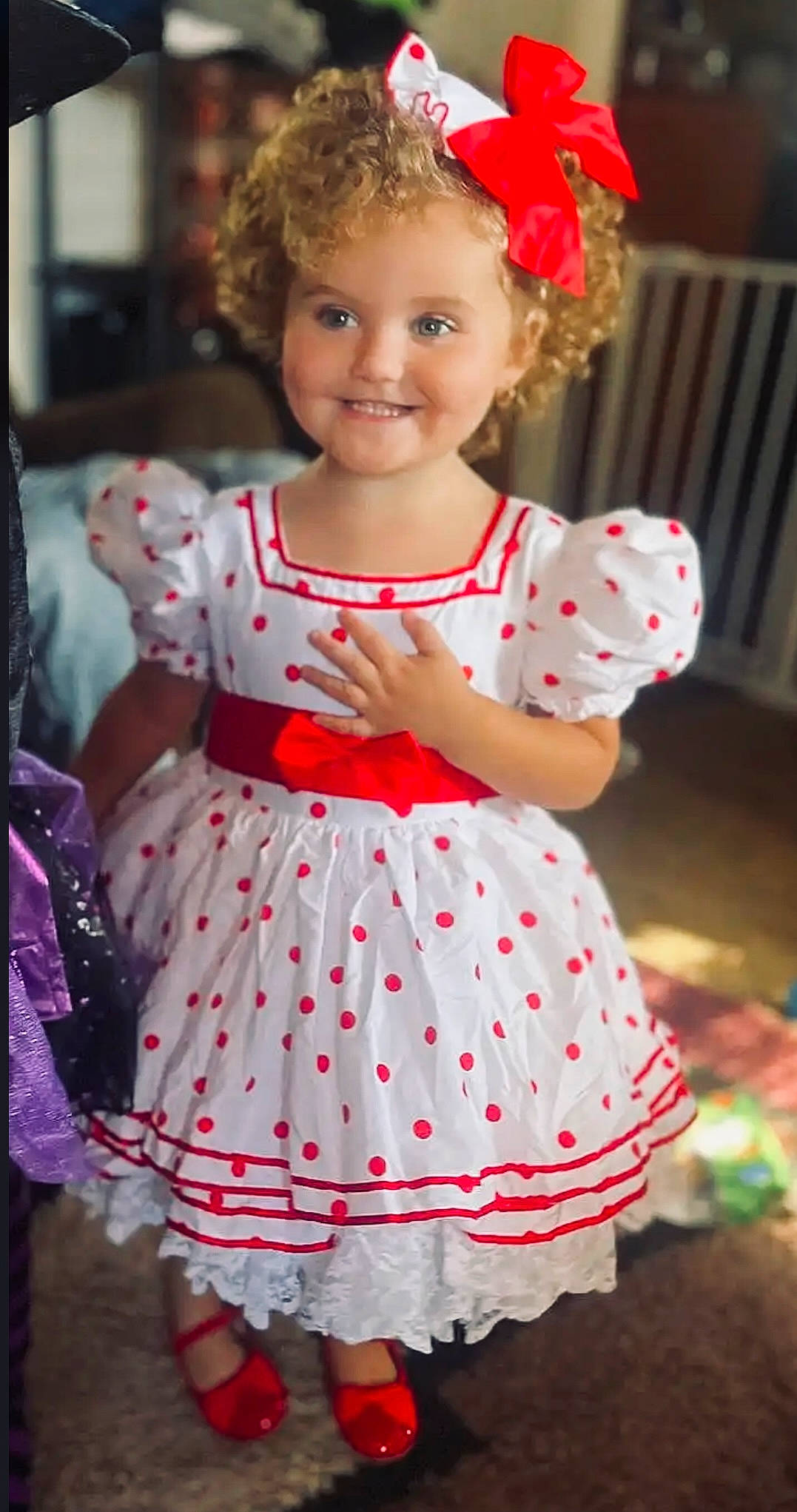 Jaelyn joined the competition — help win amazing prizes! baby_toddler_clothing, child, day_dress, dress, fashion, hairstyle, happy, head, human, joy, magenta, one_piece_garment, pattern, person, pink, red, skin, sleeve, smile, textile