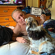 Lucas joined the competition — help win amazing prizes! person, dog, bed, sign, text, indoor, furniture, television, wooden_drawer, blanket, casual, interaction, pet, rescue, home, comfort, relaxation, candid, love, companionship