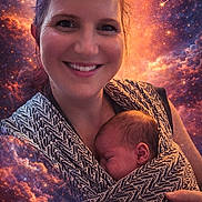 Callie Rae joined the competition — help win amazing prizes! baby, babywearing, closeup, cosmic_background, face, holding, infant, love, motherhood, nebula, patterned_cloth, peaceful, person, portrait, smile, space, stars, warmth, woman, wrapped
