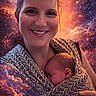 baby, babywearing, closeup, cosmic_background, face, holding, infant, love, motherhood, nebula, patterned_cloth, peaceful, person, portrait, smile, space, stars, warmth, woman, wrapped