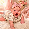 Callie Rae joined the competition — help win amazing prizes! baby, smiling, crawling, headband, pink_bow, onesie, floral_pattern, indoor, rug, soft_texture, cozy, decor, flowers, pink, child, cute, portrait, happy, infant, warm