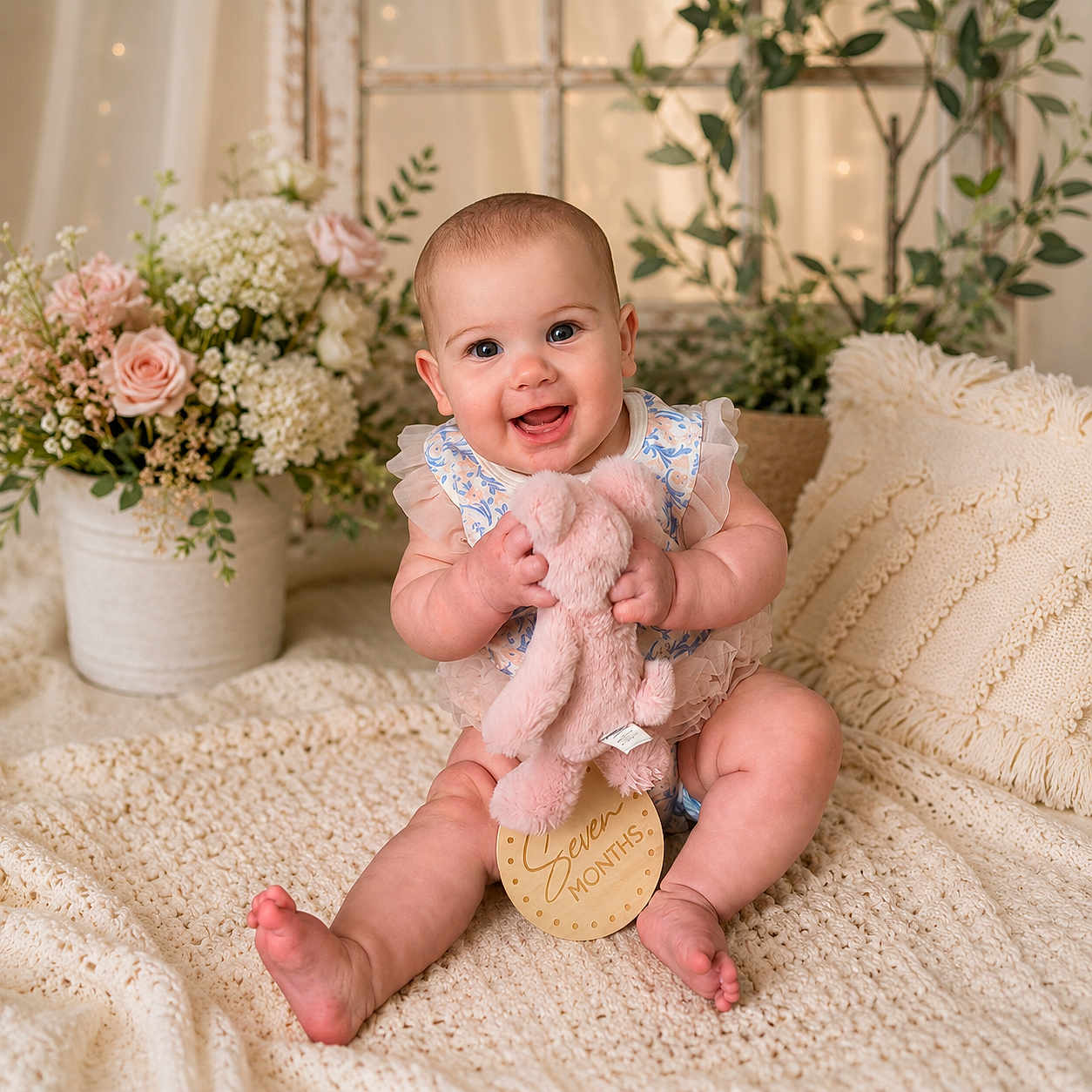 Callie Rae joined the competition — help win amazing prizes! baby, infant, plush_toy, milestone, seven_months, blanket, flower_arrangement, rose, hydrangea, greenery, pillow, smiling, sitting, cute, indoors, decor, soft_lighting, face, person, happy