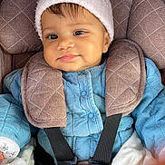 Emy participe au concours pour gagner de l'argent avec cette photo : baby, bundle, car_seat, child, closeup, cute, face, hat, indoor, infant, jacket, padded, person, pom_pom, portrait, seatbelt, smile, straps, warm_clothing, young_child