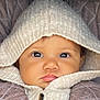 baby, child, face, hood, knitwear, sweater, close_up, portrait, cute, warm_clothing, infant, looking_at_camera, cozy, soft_texture, expression, young_child, adorable, eyes, skin, button