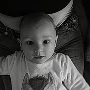 Evan participe au concours pour gagner de l'argent avec cette photo : baby, child, infant, face, eyes, sweater, animal_print, black_and_white, portrait, person, clothing, indoor, seated, jeans, adult, lap, cute, expression, closeup, curious