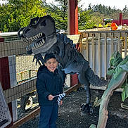Joshua Castillo is registered to the contest to win money with this photo: child, boy, smile, jacket, sneakers, dinosaur, wooden_sculpture, outdoor, fence, trees, flag, playground, daylight, happy, person, nature, wood, sculpture, toy, recreation