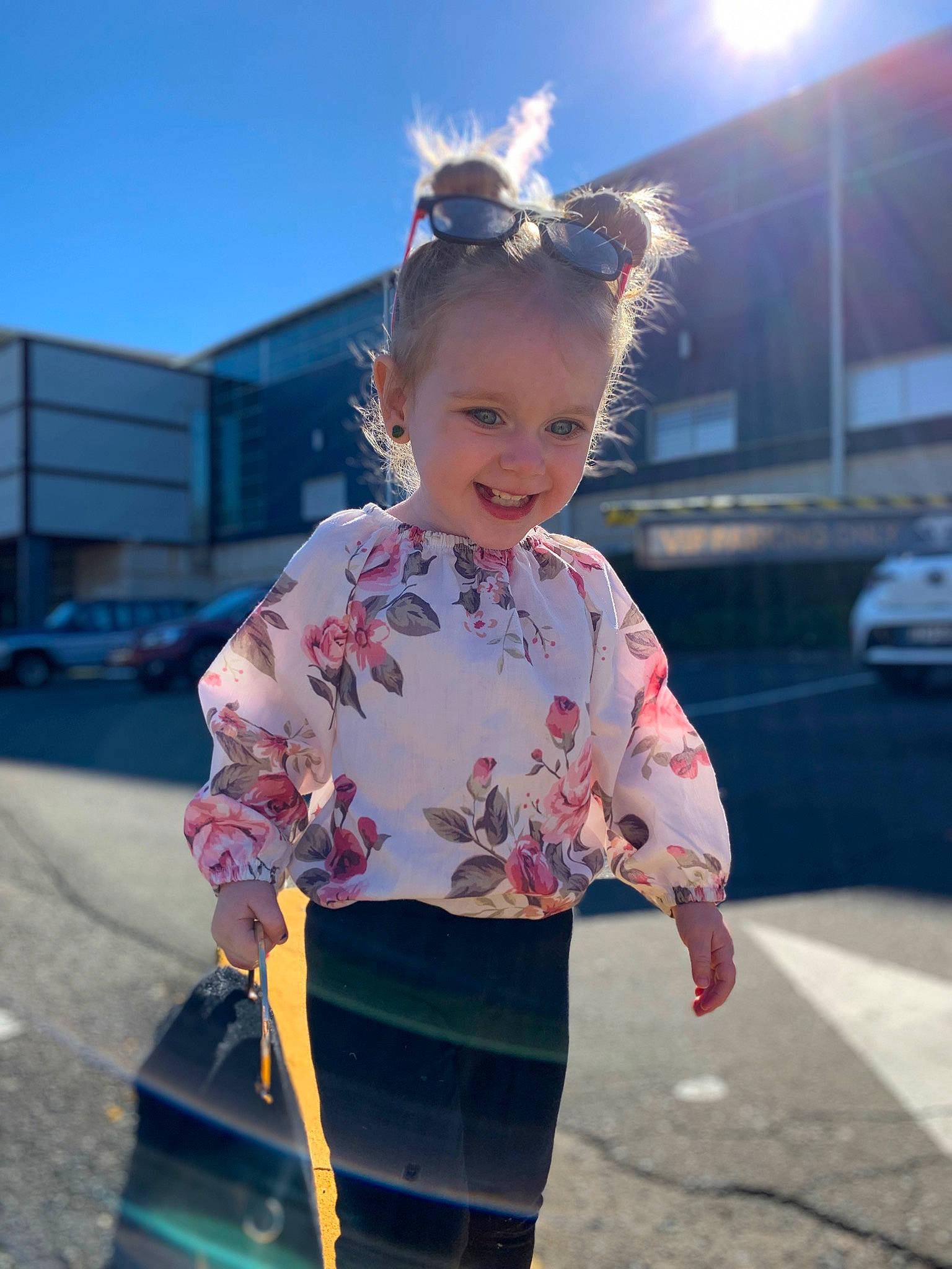 Ava-lea joined the competition — help win amazing prizes! asphalt, blond, car, child, city, cool, electric_blue, facial_expression, fashion, fun, hairstyle, happy, joy, leisure, pattern, person, recreation, sky, sleeve, smile