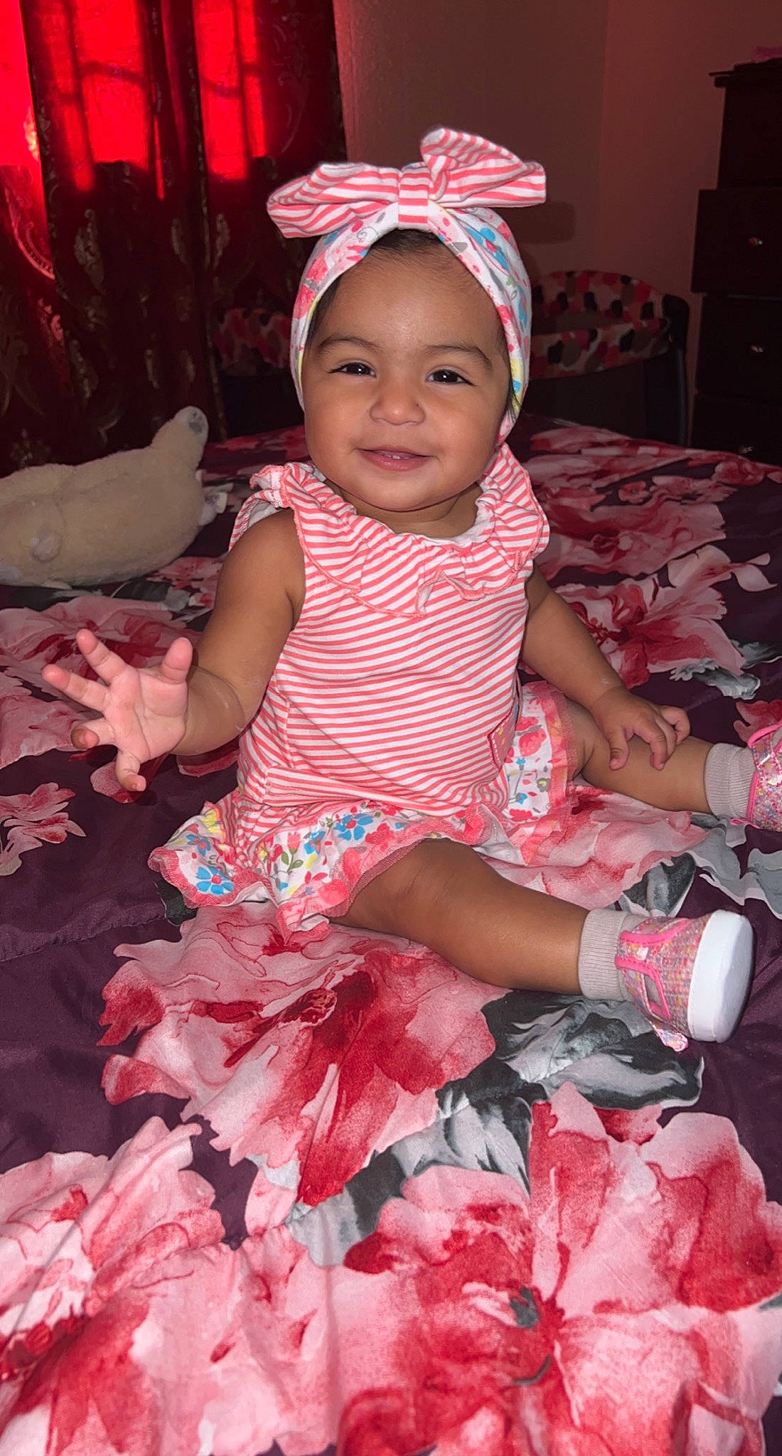 Kimberly joined the competition — help win amazing prizes! baby, baby_toddler_clothing, cap, child, facial_expression, fashion, finger, fun, happy, headwear, human, human_body, joy, magenta, mammal, person, pink, product, red, skin
