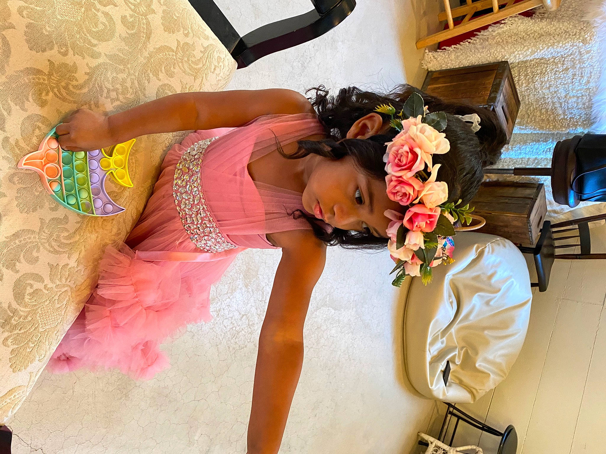 Katalina joined the competition — help win amazing prizes! abdomen, black_hair, dress, event, fashion_design, flower, flower_arranging, happy, headpiece, headwear, human_leg, jewellery, long_hair, peach, person, pink, plant, rose, textile, thigh