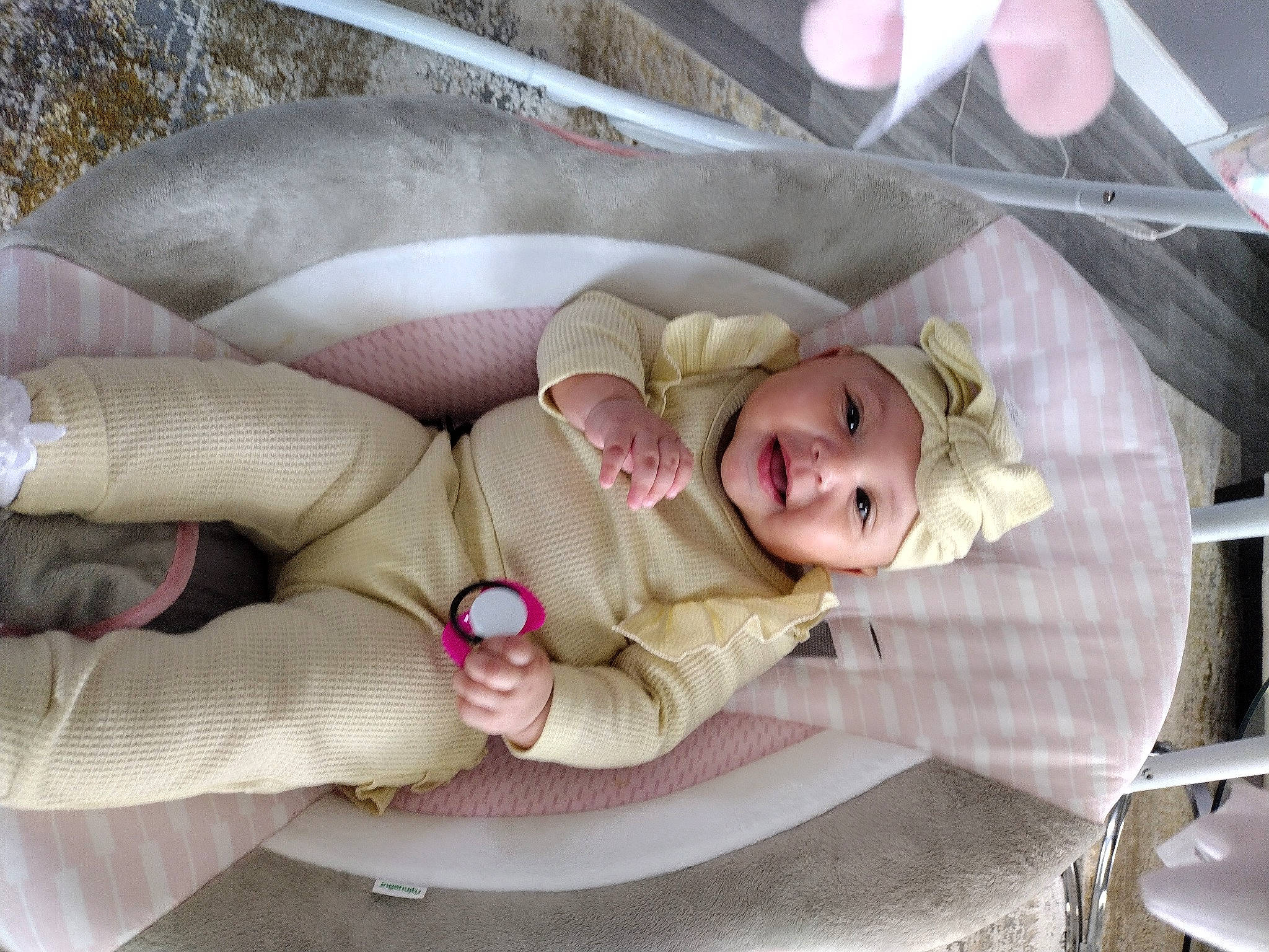Angelina is registered to the contest to win money with this photo: baby, baby_products, baby_safety, baby_toddler_clothing, bedding, bedtime, child, comfort, fun, headwear, infant_bed, linens, nap, person, pink, room, sitting, sleep, smile, textile