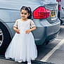 Manmeet joined the competition — help win amazing prizes! child, girl, white_dress, parking_lot, car, silver_car, shoes, hair_bows, smile, asphalt, vehicle, taillight, license_plate, outdoor, person, cute, portrait, standing, clothing, toddler