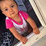 baby, child, curious, dog_bed, door_frame, exploration, expression, eyes, face, floor, grip, hair, hand, home, indoor, pink_shirt, portrait, spot_pattern, toddler, white_shirt