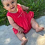 baby, child, smiling, red_dress, outdoor, grass, concrete, barefoot, happy, cute, sitting, skin, face, portrait, young_child, sunlight, nature, toes, person, infant