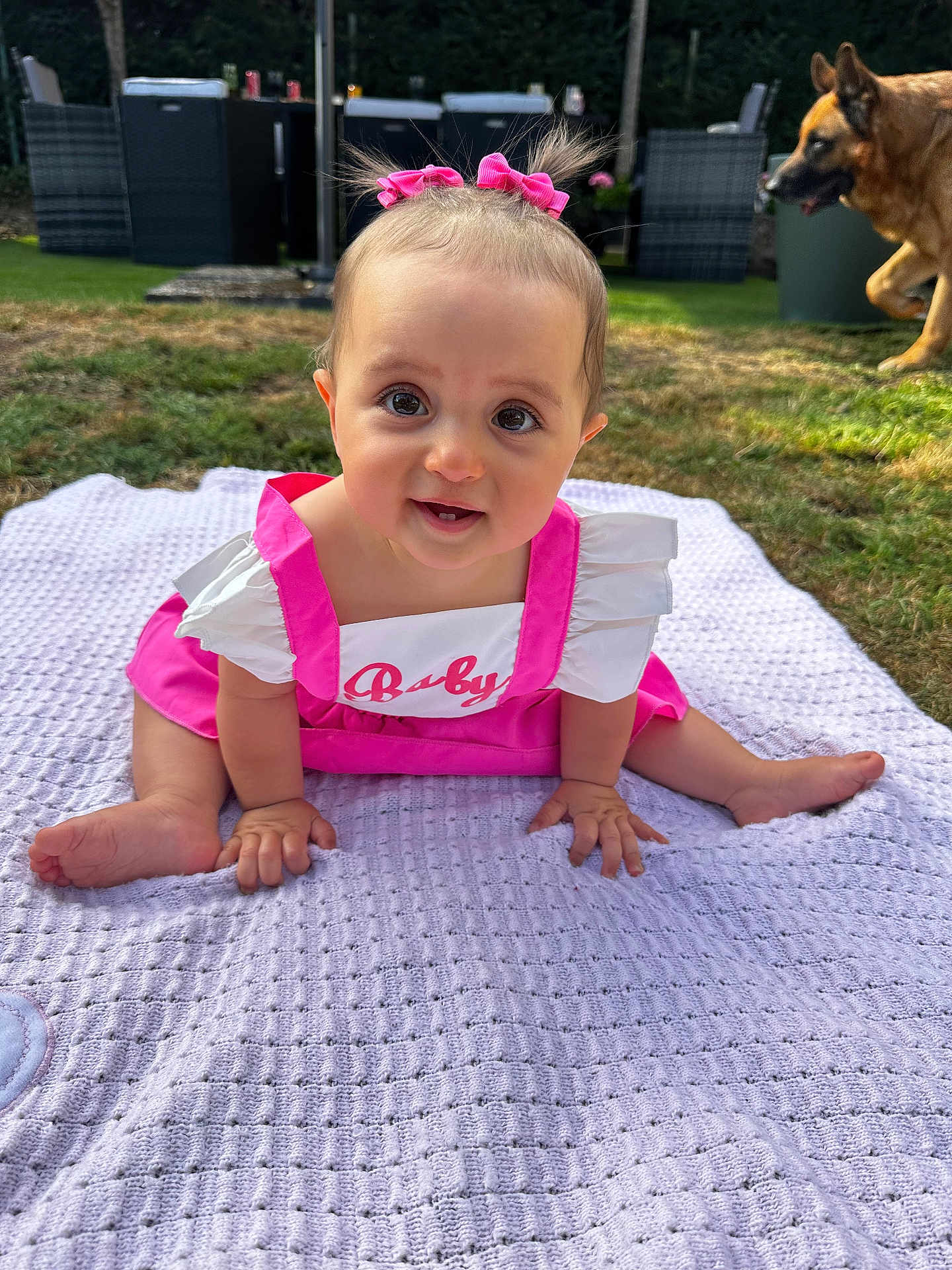 Ayana participe au concours pour gagner de l'argent avec cette photo : baby, child, pink_bow, pink_dress, blanket, grass, dog, german_shepherd, outdoor, garden, furniture, smiling, cute, portrait, sitting, person, happy, daylight, grass_patch, nature