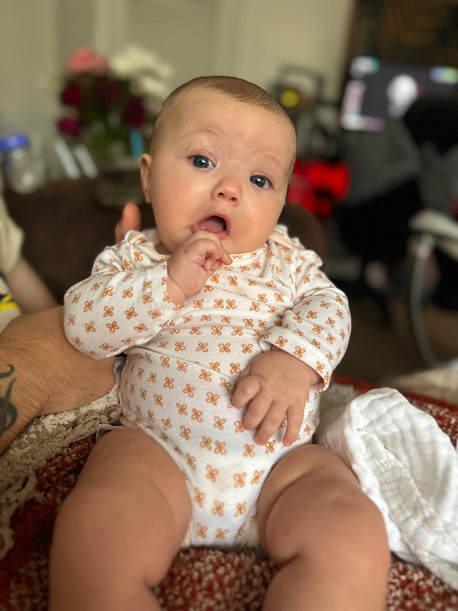 Delilah joined the competition — help win amazing prizes! abdomen, baby, baby_toddler_clothing, cheek, child, comfort, eye, facial_expression, finger, hairstyle, happy, head, human_body, iris, person, shoulder, skin, stomach, surprise, thigh