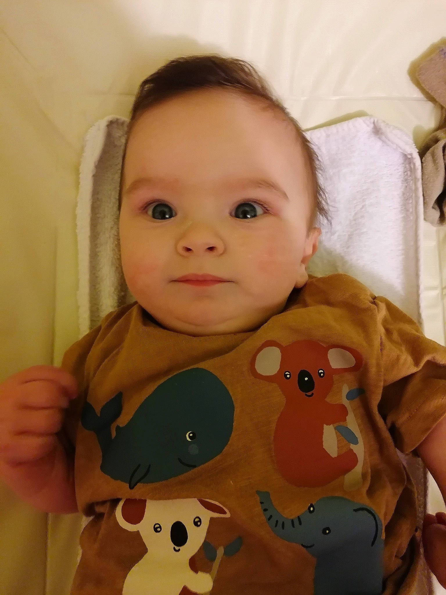 Mathéo participe au concours pour gagner de l'argent avec cette photo : baby, baby_products, baby_safety, baby_toddler_clothing, cheek, child, comfort, eyebrow, eyelash, happy, linens, mammal, nose, pattern, person, skin, sleeve, t_shirt, textile, toddler