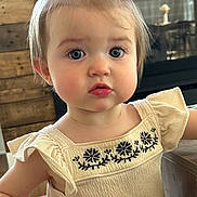 Josie is registered to the contest to win money with this photo: toddler, child, portrait, face, curious, blue_eyes, blond_hair, dress, embroidered, indoor, wooden_wall, bracelet, cute, young_child, person, clothing, hairstyle, closeup, expression, baby