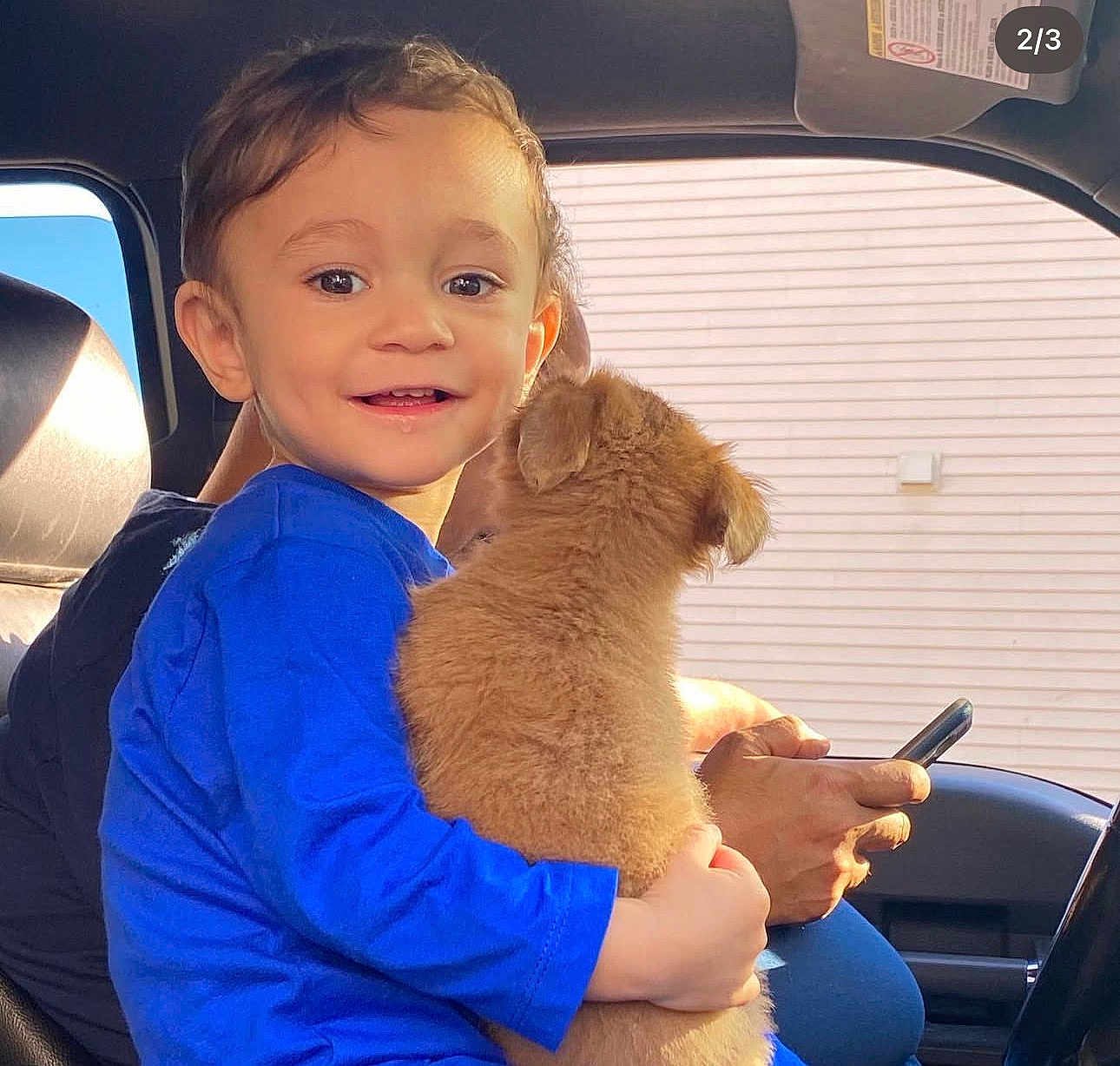 Angelo joined the competition — help win amazing prizes! child, toddler, puppy, dog, blue_shirt, car_interior, person, smiling, hugging, pet, seat, window, sunlight, happy, cute, young_child, hands, technology, phone, casual