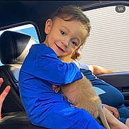 Angelo is registered to the contest to win money with this photo: child, blue_clothing, puppy, hugging, car_interior, smiling, person, seat, window, sunlight, happy, cute, pet, animal, fur, young, portrait, casual, indoor, family