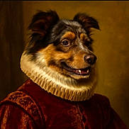 Sprout joined the competition — help win amazing prizes! dog, portrait, costume, renaissance, ruffled_collar, brown_fur, black_fur, clothing, historical, pet, animal, studio_lighting, fur, smile, side_profile, elegant, indoor, artistic, dressed_up, canine