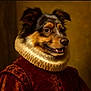 dog, portrait, costume, renaissance, ruffled_collar, brown_fur, black_fur, clothing, historical, pet, animal, studio_lighting, fur, smile, side_profile, elegant, indoor, artistic, dressed_up, canine