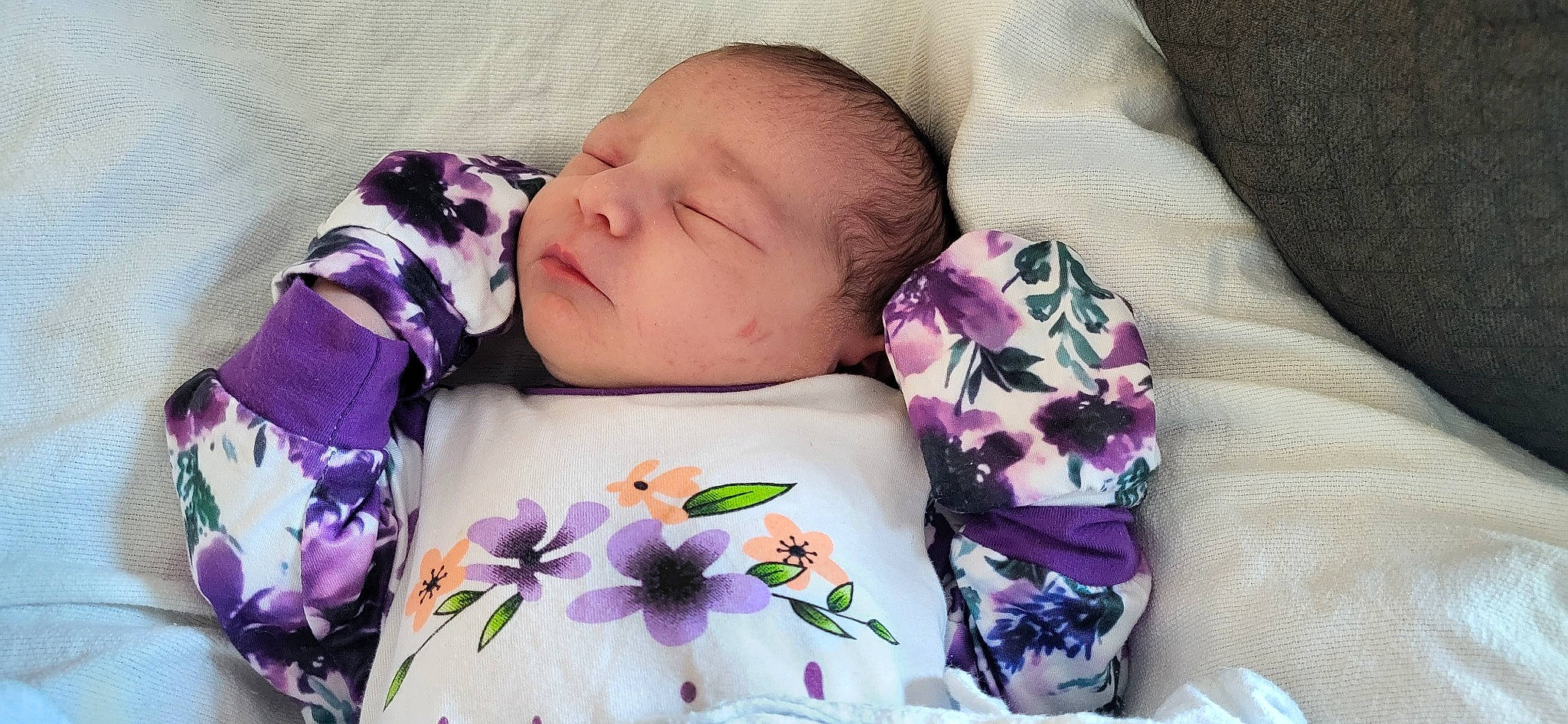 Gabriella joined the competition — help win amazing prizes! baby, baby_products, baby_sleeping, baby_toddler_clothing, bedding, bedtime, cheek, child, comfort, flower, linens, pattern, person, petal, pink, product, purple, skin, sleeve, textile