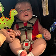Anthony is registered to the contest to win money with this photo: baby, car_seat, child, infant, toy, plush_dinosaur, red_clothing, socks, hand, holding_hand, seatbelt, closeup, indoors, cute, person, child_protection, safety, infant_toddler, car_safety, young_child