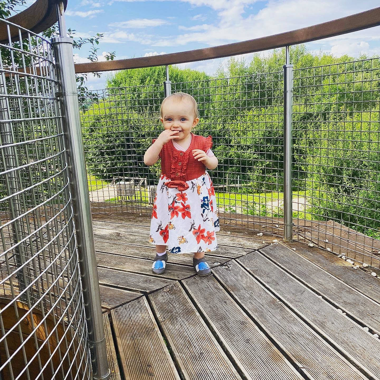 Louanne participe au concours pour gagner de l'argent avec cette photo : baby_toddler_clothing, cloud, dress, fence, grass, joy, leisure, line, mammal, person, plant, product, public_space, recreation, sky, smile, standing, summer, toddler, tree