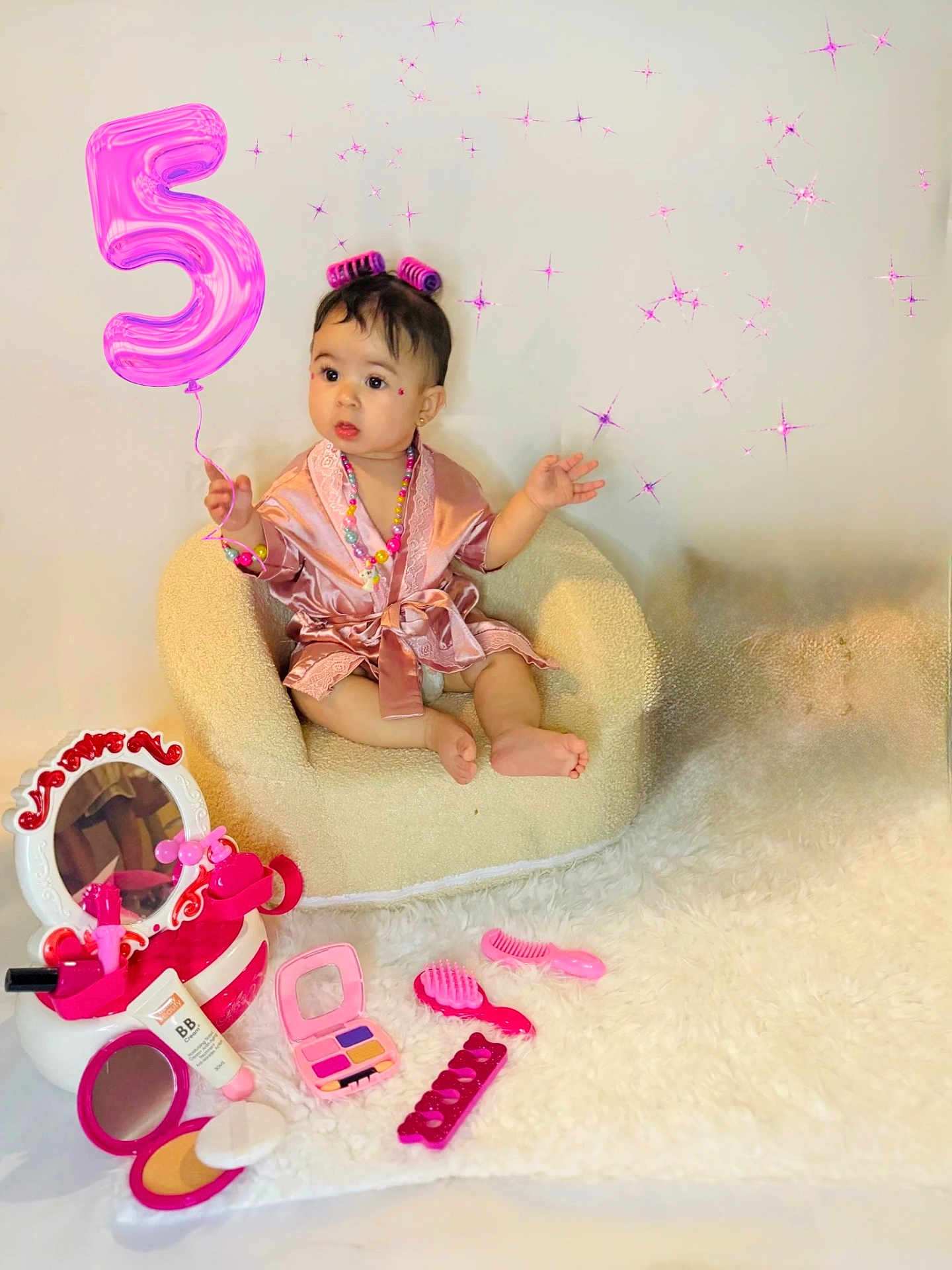 Ayla is registered to the contest to win money with this photo: armchair, beads, birthday, celebration, child, cute, decor, fluffy_rug, hair_curlers, indoor, mirror, number_5, pink_balloon, pink_brush, pink_comb, playful, silky_robe, sparkles, toddler, toy_makeup