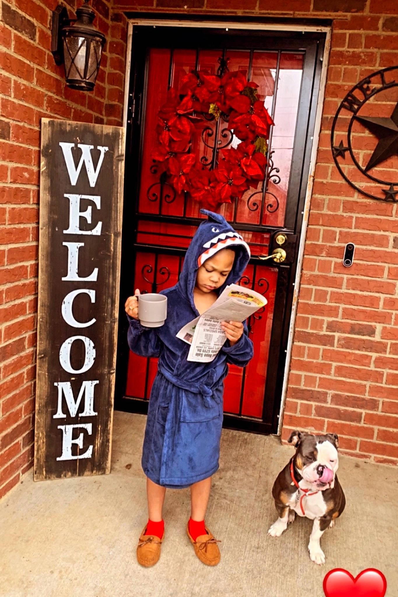 Branson is registered to the contest to win money with this photo: art, brick, brickwork, building, carnivore, companion_dog, dog, dog_breed, door, facade, fawn, flooring, headwear, house, orange, person, red, street_fashion, tree, visual_arts