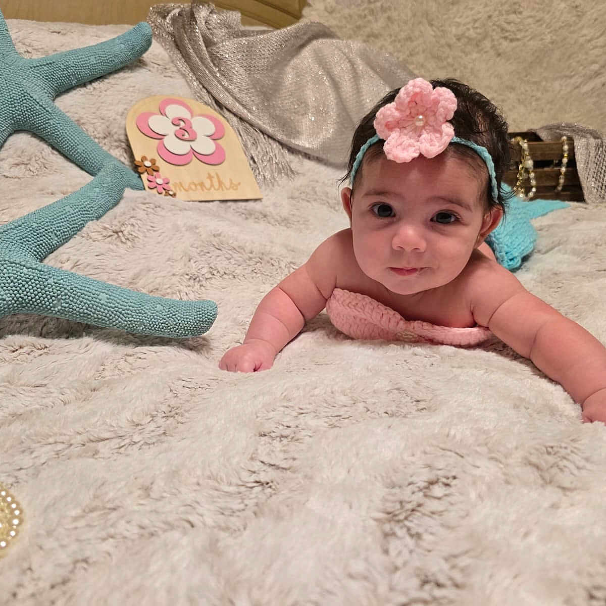 Alany joined the competition — help win amazing prizes! adorable, baby, blanket, cozy, cute, eyes, flower, fur_texture, hand, headband, infant, milestone_card, pearl_necklace, photography, plush_starfish, portrait, props, soft_toys, three_months, tummy_time