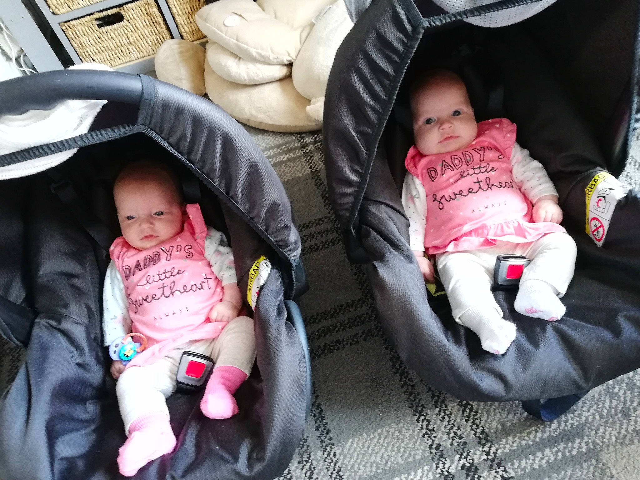 Skye And Sydney is registered to the contest to win money with this photo: baby, baby_carriage, baby_in_car_seat, baby_products, child, person, pink, product, sibling, toddler