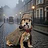 dog, costume, detective, hat, pipe, magnifying_glass, scarf, cobblestone_street, fog, street_lamp, vintage_car, buildings, sidewalk, outdoor, portrait, animal, cute, playful, historical, mystery