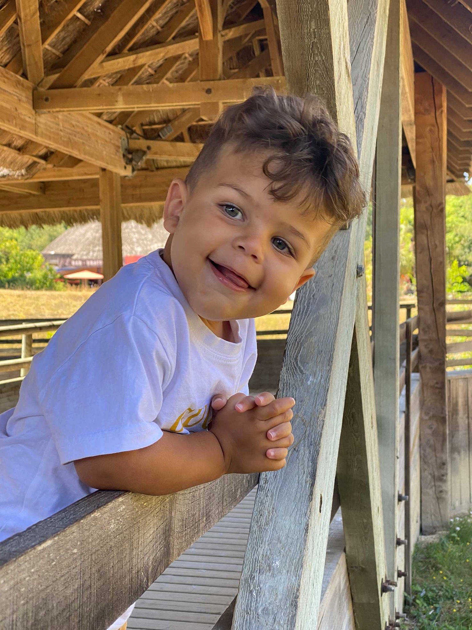 Kaïs participe au concours pour gagner de l'argent avec cette photo : child, fence, fun, grass, happy, joy, leisure, person, plant, recreation, sitting, sleeve, smile, t_shirt, thumb, toddler, tree, vacation, wood